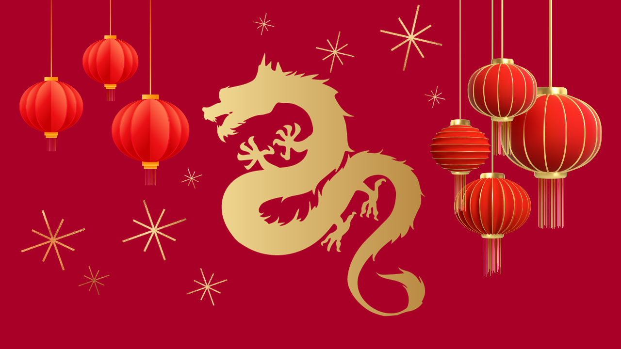 Chinese New Year banner featuring a gold dragon and red Chinese lanterns