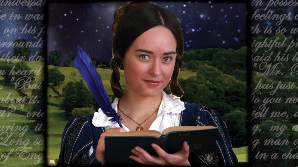 Elizabeth Bennet from Pride and Prejudice with a book and quill