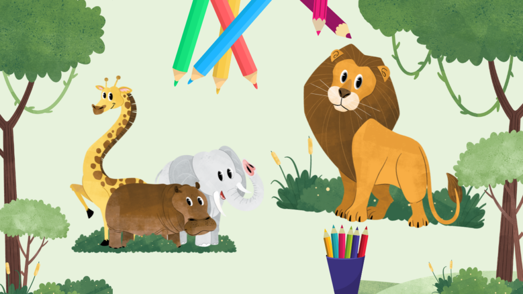 Safari animals, trees and coloured pencils on a banner