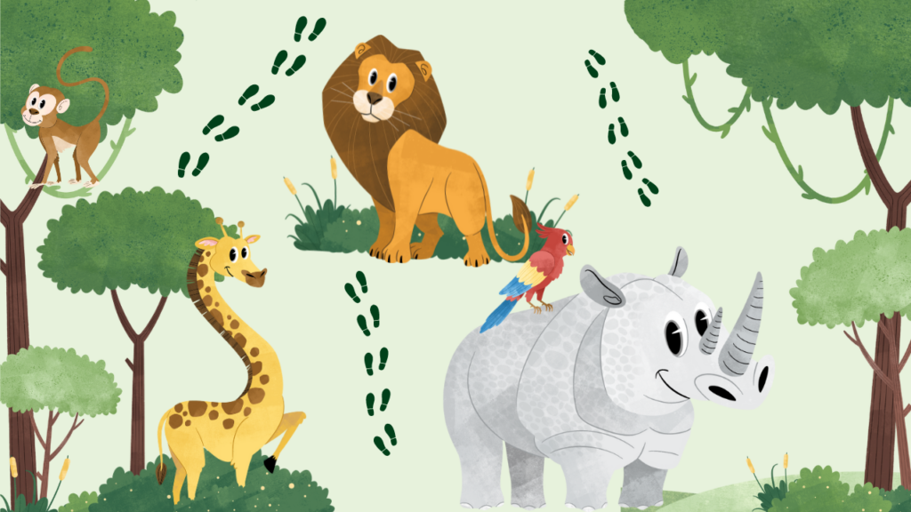 Safari animals and trees with footprints around them