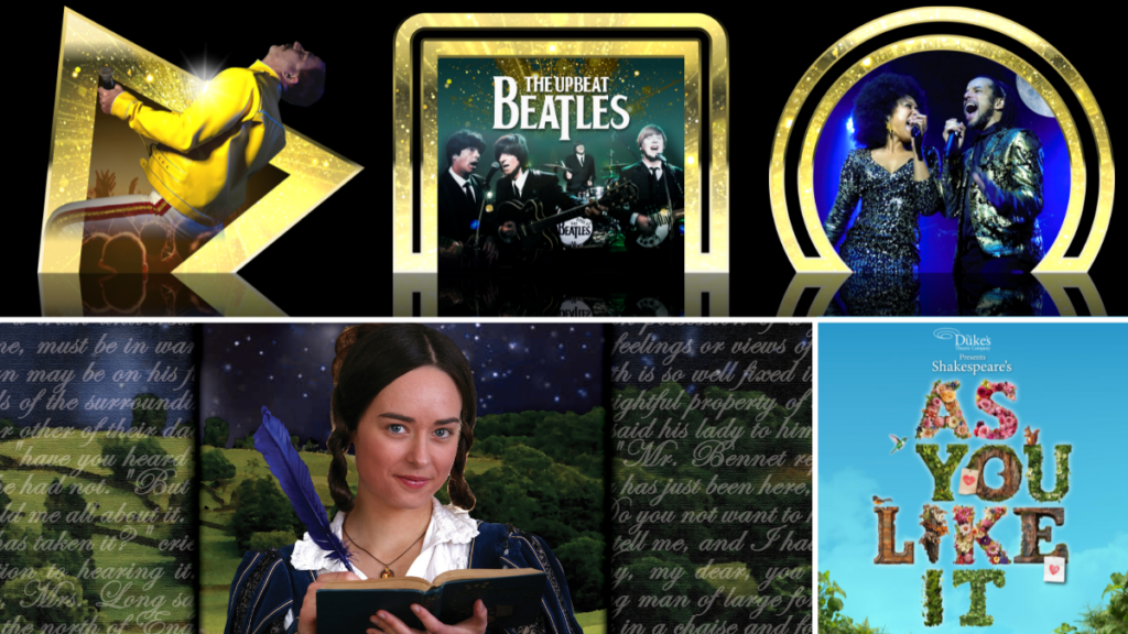 Banner showing Queen, the Beatles and Motown tribute acts, a Pride and Prejudice theatre performance poster and an As You Like It theatre performance poster
