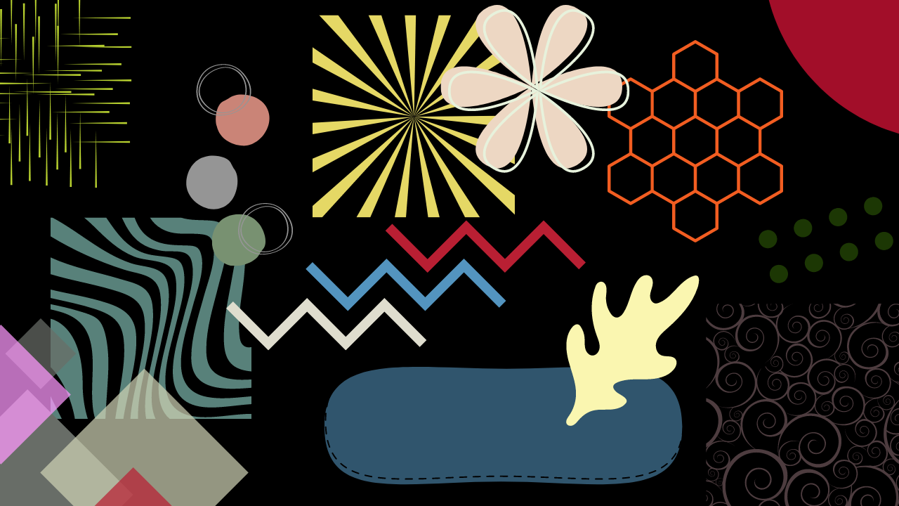 Various designs, shapes and patterns in different colours on a dark background