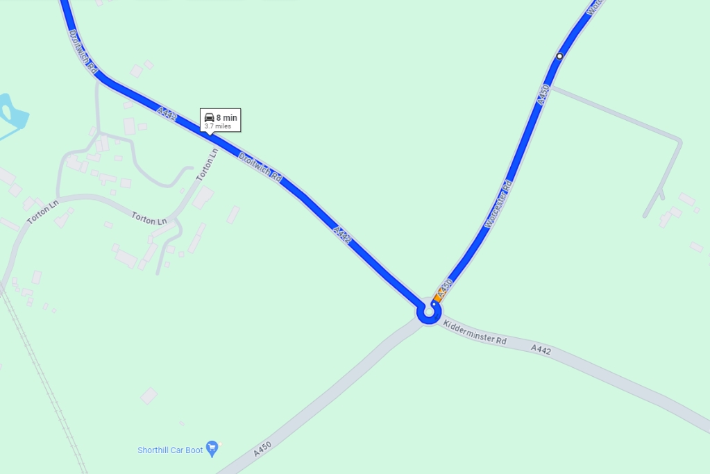Kidderminster road closure step 1 Screenshot of diversion route
