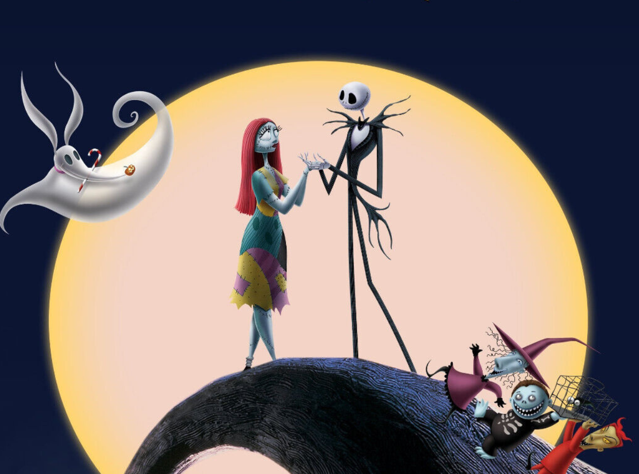 Skeletal animated characters in front of an enlarged moon on the poster for The Nightmare Before Christmas