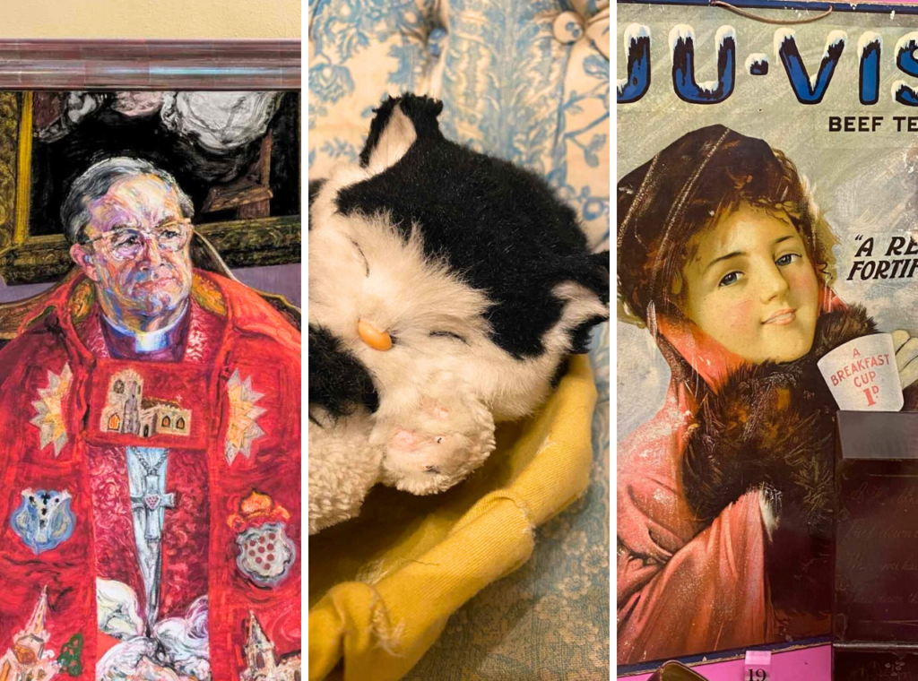 Collage of faces with a bishop in his cope, a toy cat and a girl on a beef tea poster