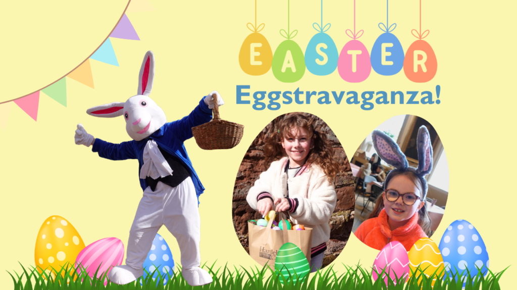 Easter Eggstravaganza banner featuring the Easter Bunny, easter eggs, a girl holding a bag of plastic eggs and a girl wearing bunny ears