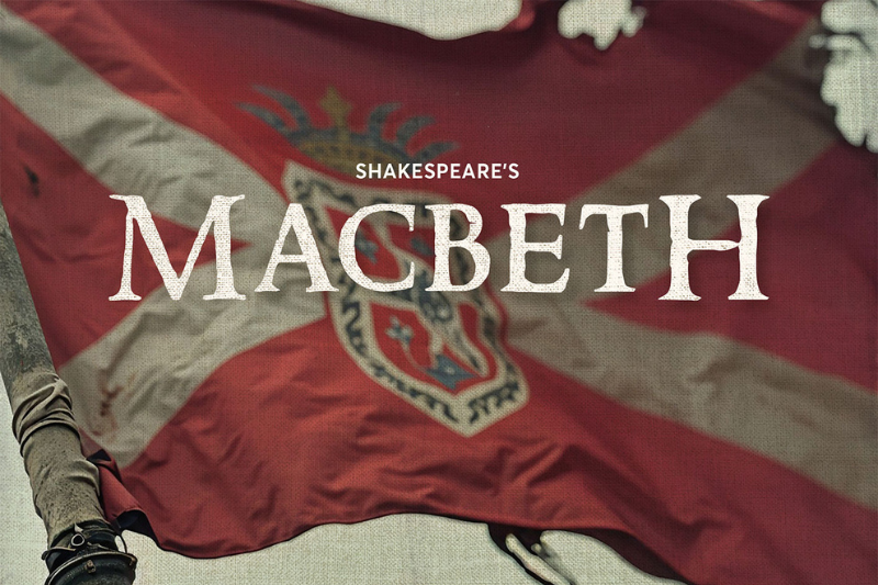 Text reads Shakespeare's Macbeth over a red and white flag