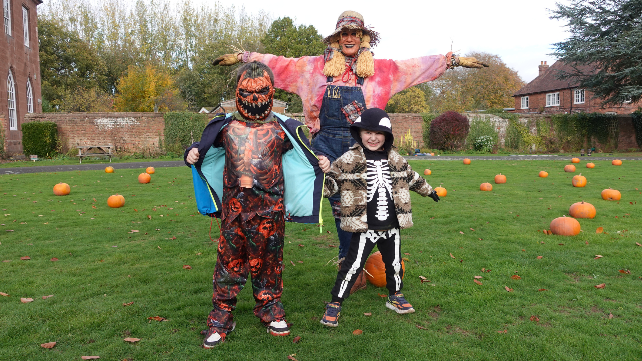 Woman dressed as a scarecrow posing with two boys dressed for Halloween on the Hartlebury Castle Pumpkin Patch