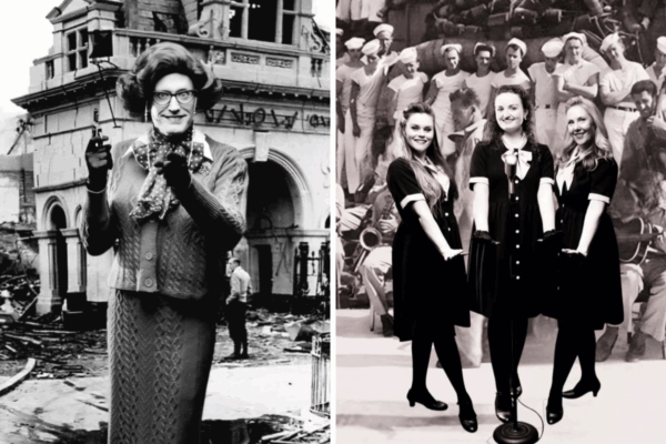Black and white photos of Miss Mapletree in front of a war torn building holding a gun, and three 1940s singers around a microphone with a background of sailors behind them