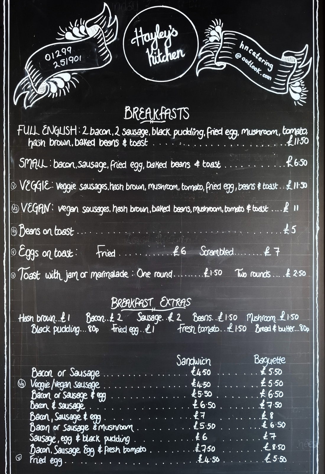 Cafe menu 1 Hayley's Kitchen menu, featuring breakfasts, breakfast extras, breakfast sandwiches and baguettes. 01299 251901, hncatering@outlook.com