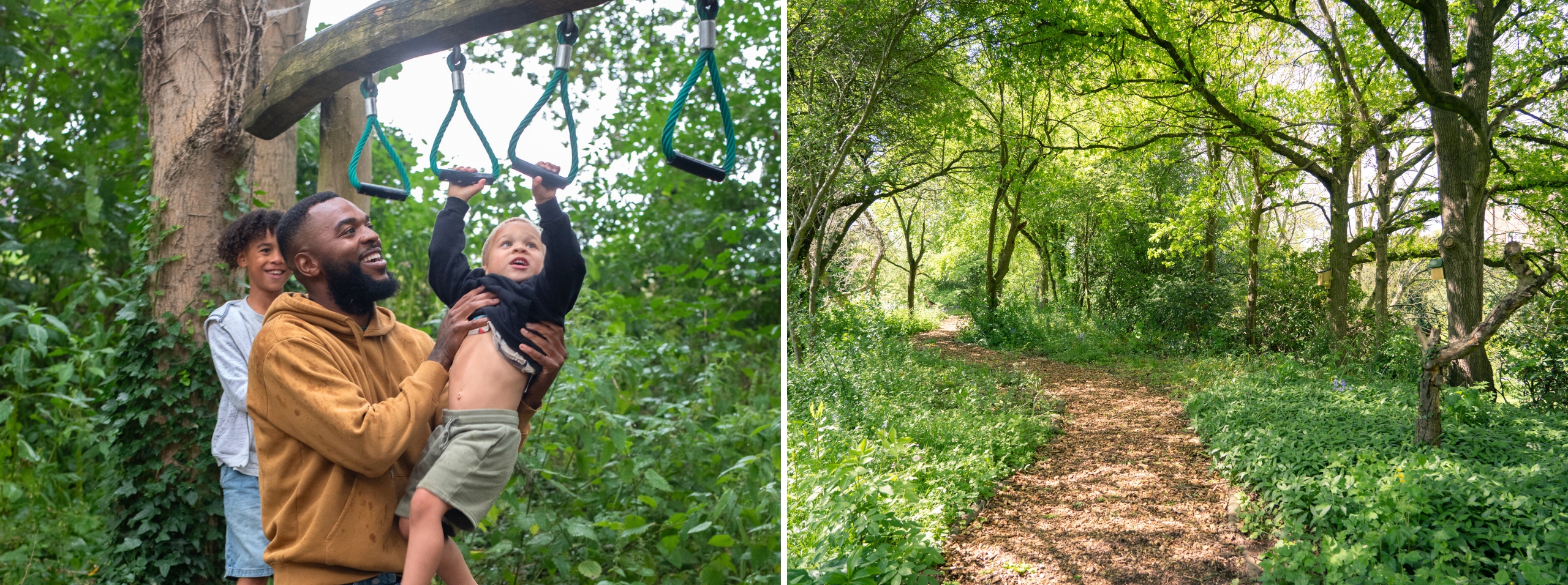 Man helping a child play on rope monkey bars in a playground, as another boy watches