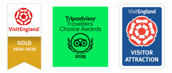 VisitEngland Gold 2024-2025, TripAdvisor Travelers' Choice Awards 2025 and VisitEngland Visitor Attraction logos