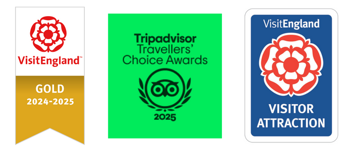 VisitEngland Gold 2024-2025, TripAdvisor Travelers' Choice Awards 2025 and VisitEngland Visitor Attraction logos