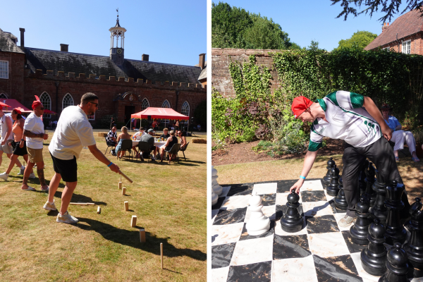 Man playing kubb and a man playing outdoor chess while wearing a novelty hat