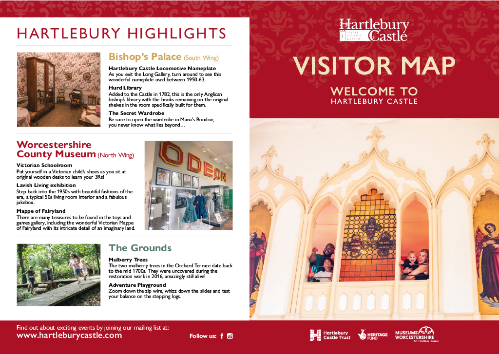 Front and back cover of the Hartlebury Castle Visitor Map, featuring highlights of the Bishop's Palace, County Museum and Grounds
