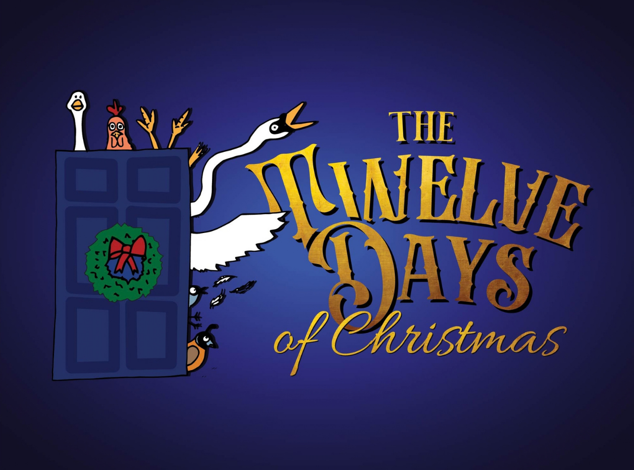 Banner for The Twelve Days of Christmas, with a graphic of several birds from the song trying to escape from behind a closed door with a festive wreath on.