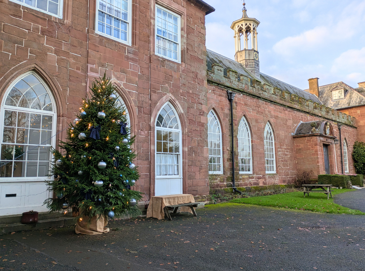 Decorated Christmas tree outside Hartlebury Castle